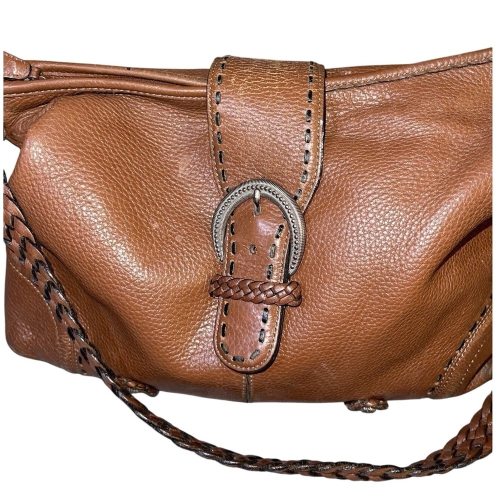 Brighton Ginger Brown Pebbled Leather Braided Strap Buckle Shoulder Bag D382905
